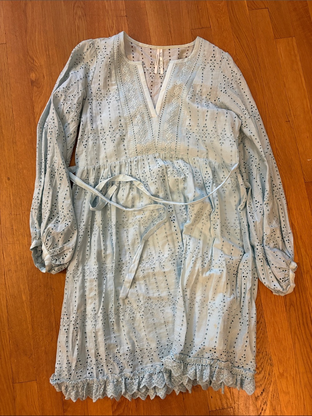 Anthropologie Pale Blue Eyelet V-Neck Long Sleeve Dress
